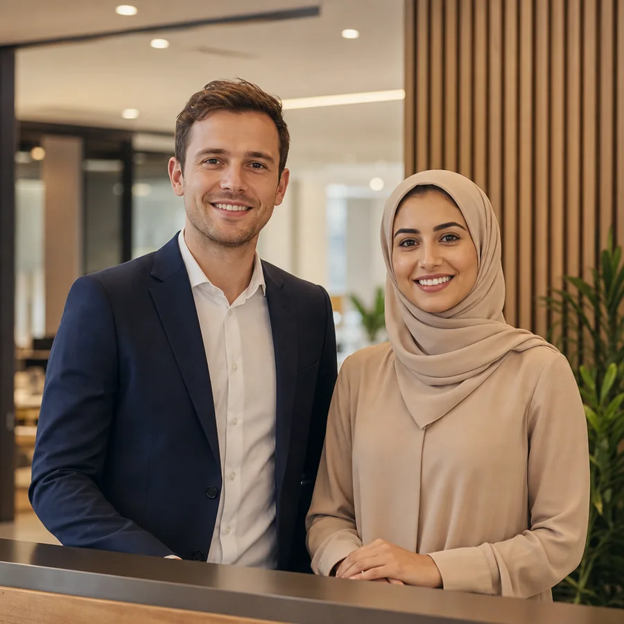 Two people at an office reception desk