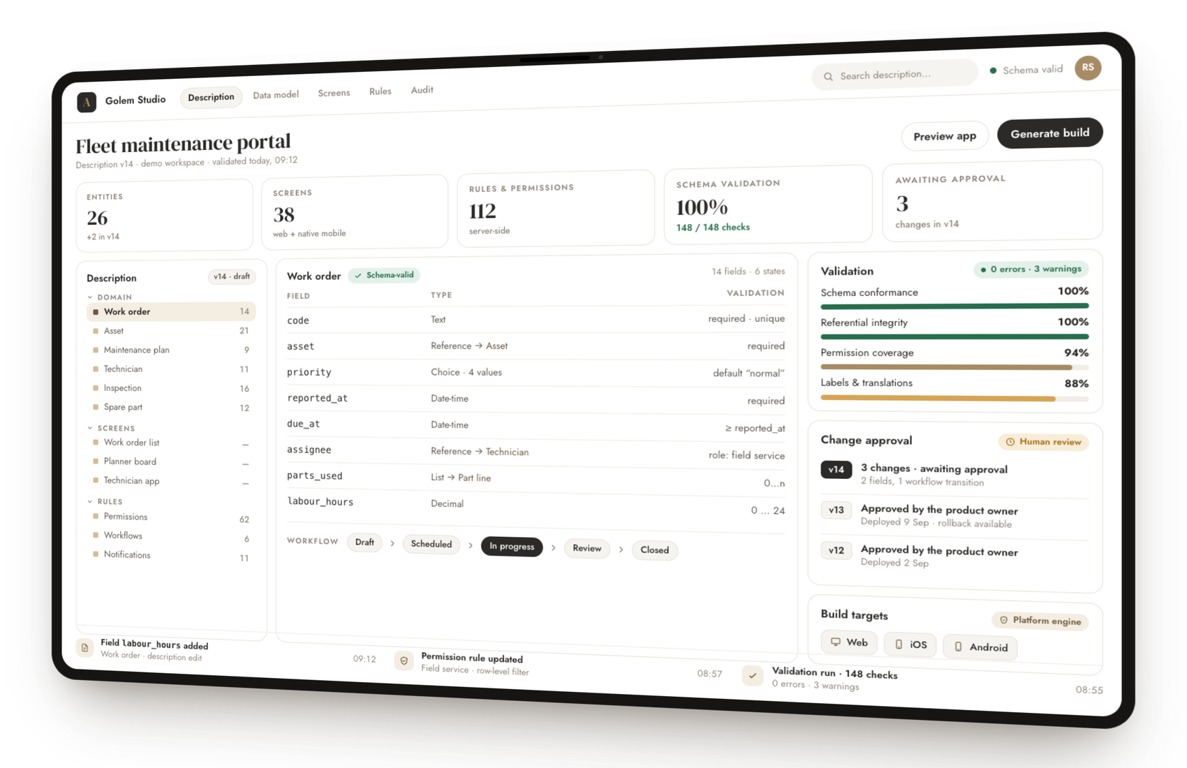 Illustration: an application built on the Golem platform — a list view, a record with an approval step and a status overview. A design mockup, not a specific customer's system.